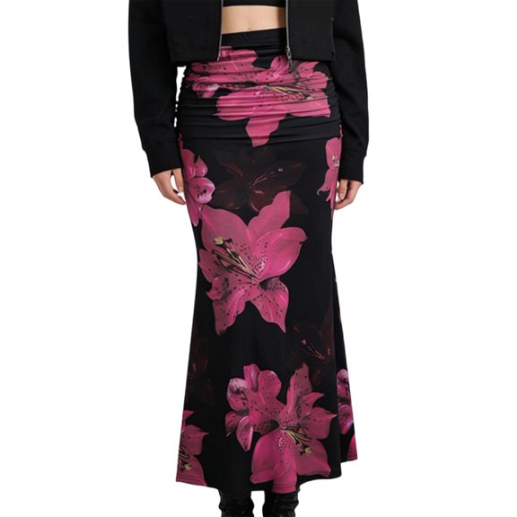 Women'S Fishtail Skirt Elegant Floral Ruched Skinny Bodycon Ruffle Long Skirts Glitter L