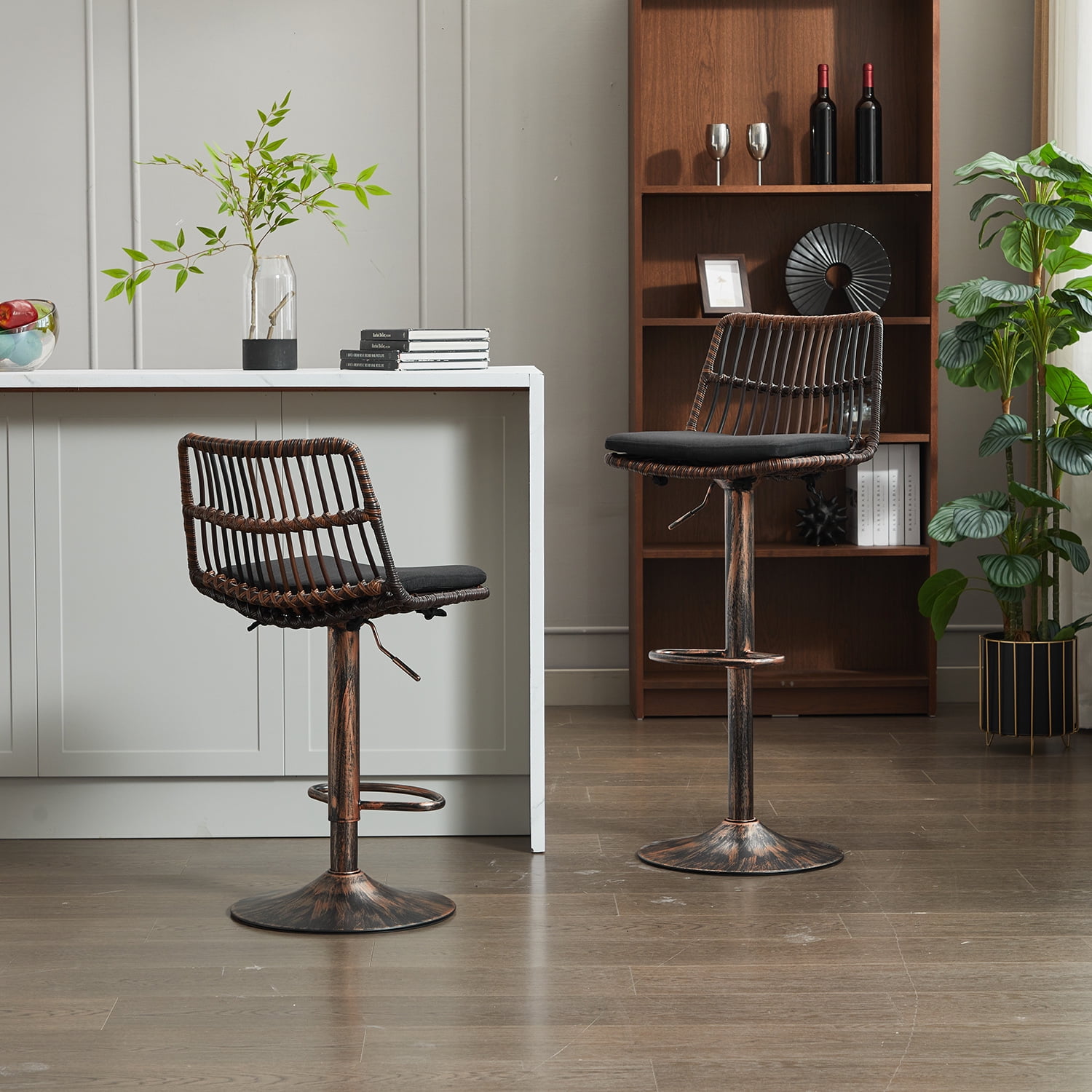 Demi Bonn 35" Counter Height Bar Stools Set of 2, Rattan Swivel Barstools with Back, Kitchen Island Countertop Chairs for Dining Room, Brown