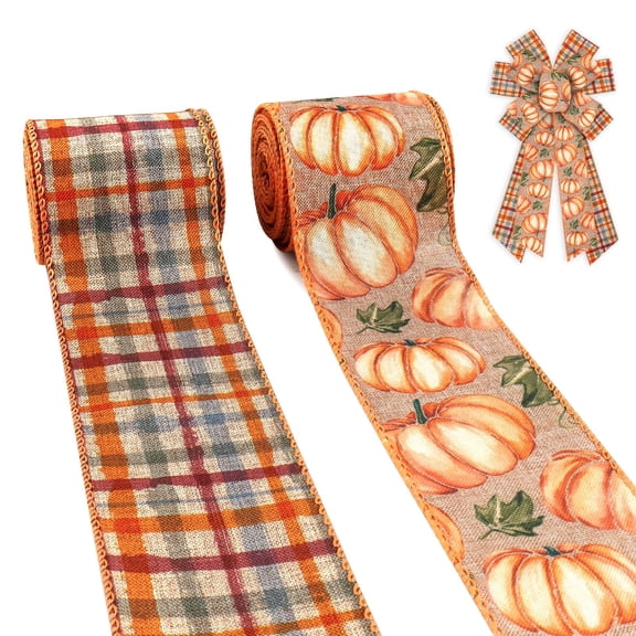 Hying 2.5" Fall Burlap Ribbon for Wreath Bows Pumpkins Plaid Wired Edge Ribbon for Crafts