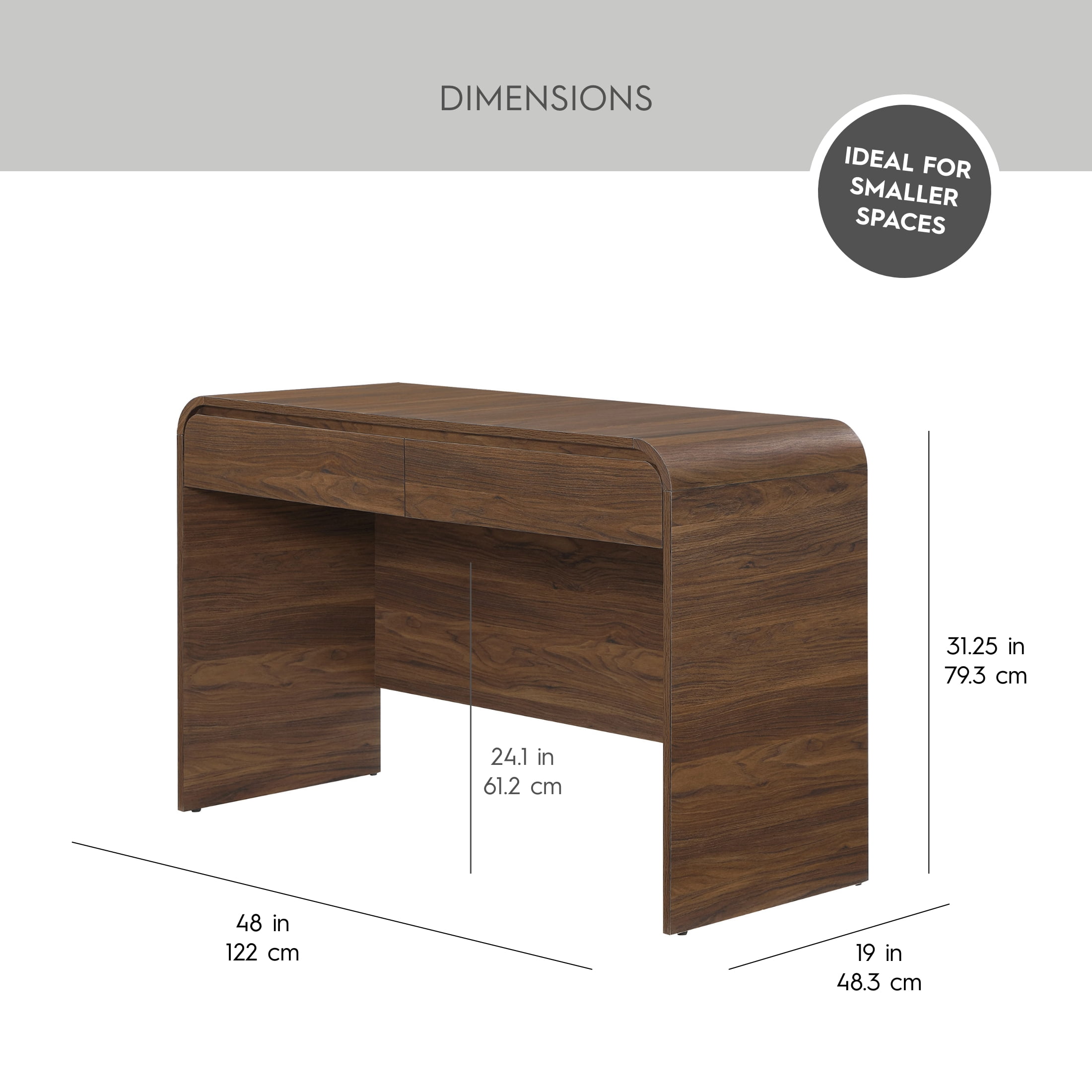 Better Homes & Gardens Juliet Curved Loft Desk with Storage, 19-inch depth, Walnut Finish