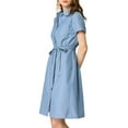 thumbnail image 5 of Allegra K Women's Pan Collar Button Down Belted Short Sleeve Denim Shirt Dress, 5 of 7
