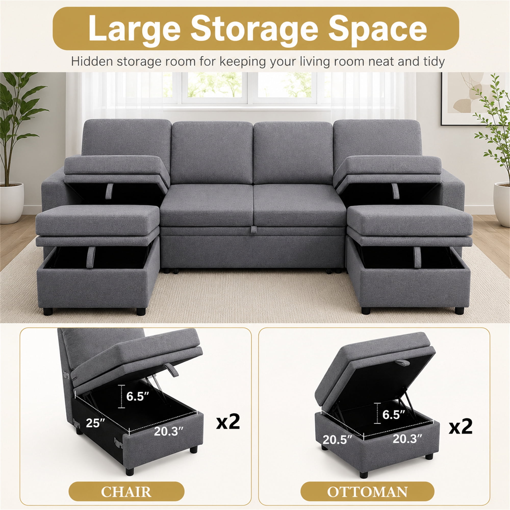 Aukfa 100" U-Shape Convertible Sectional Sleeper Sofa Bed for Living Room, 2 Storage Ottoman&Pillows, 6 Seat Modular Sofa, Linen, Gray