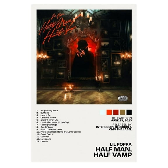 Lil Poppa Half Man, Half Vamp Album Cover Music Poster Rap Home Decor For Living Room Hip-Hop Aesthetic Rapper Album Wall Art Records Poster Wall Decor For Bedroom