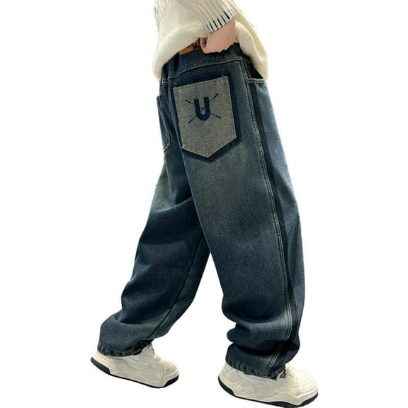 Boys Pants,Boys Cargo Pants Elastic Waist Resilient Regular Fit Cargo Jeans for Daily Activities,Boys Jeans,16 Navy,9-10 Years