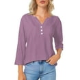 thumbnail image 2 of 3/4 Length Sleeve Blouses for Women Summer Cotton Linen Fashion Solid Color Button Shirts Casual V-neck Loose Pullover Top, 2 of 9