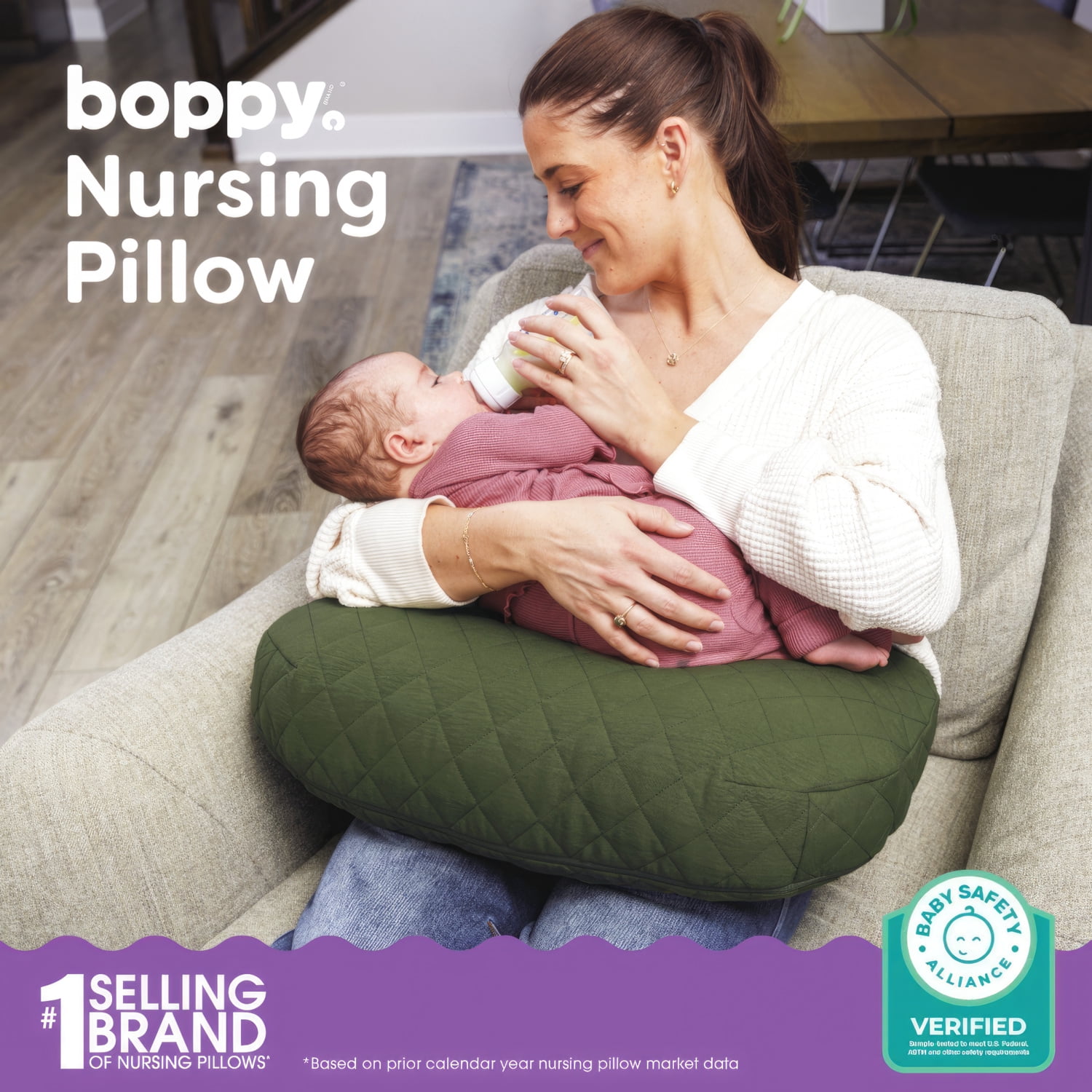 Boppy Nursing Pillow - Ergonomic Bottle & Breastfeeding Pillow, Higher, Firmer & Larger, Water-Repellent with Washable Premium Fabric Cover, Baby Safety Alliance Verified - Quilted Moss