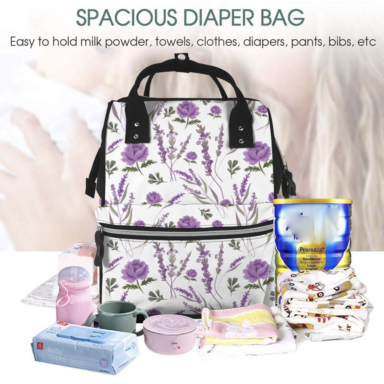 Ratiio Lavender Flowers Mummy Backpack - Waterproof Twill Canvas, Large Capacity Diaper Bag with Multiple Pockets and Adjustable Straps