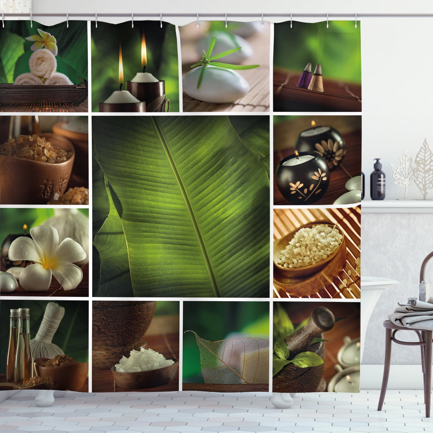 Green Botanical Spa-Themed Polyester Shower Curtain with Hooks