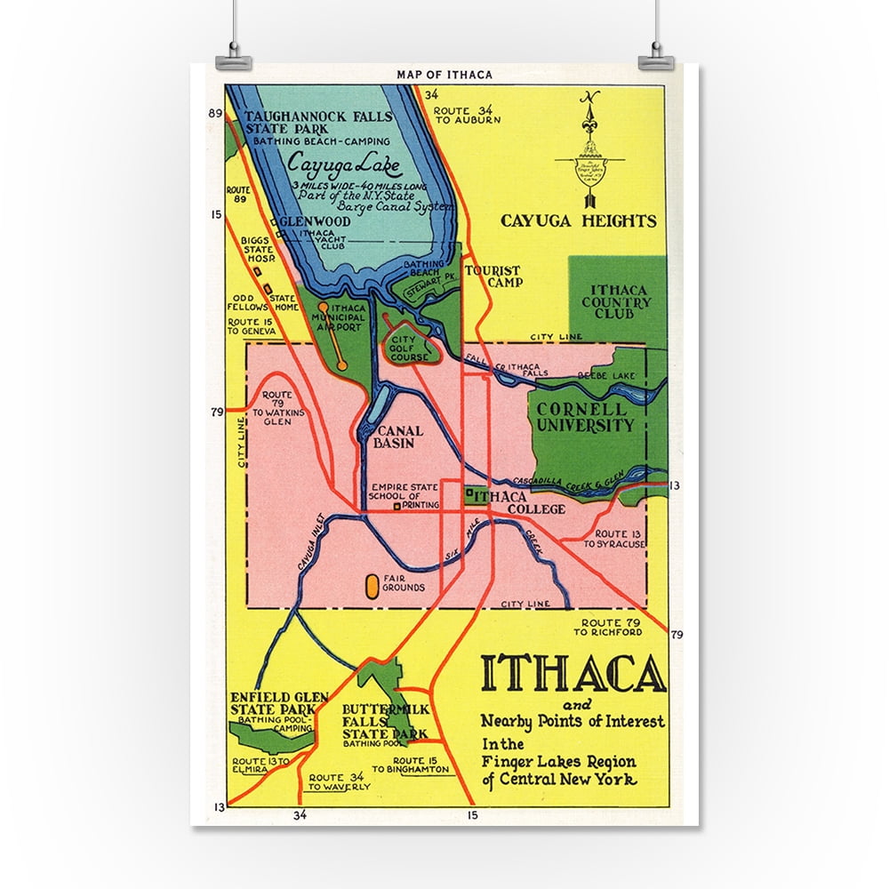Ithaca, New York Detailed Map Postcard of Ithaca and Nearby Points of Interest (16x24 Giclee
