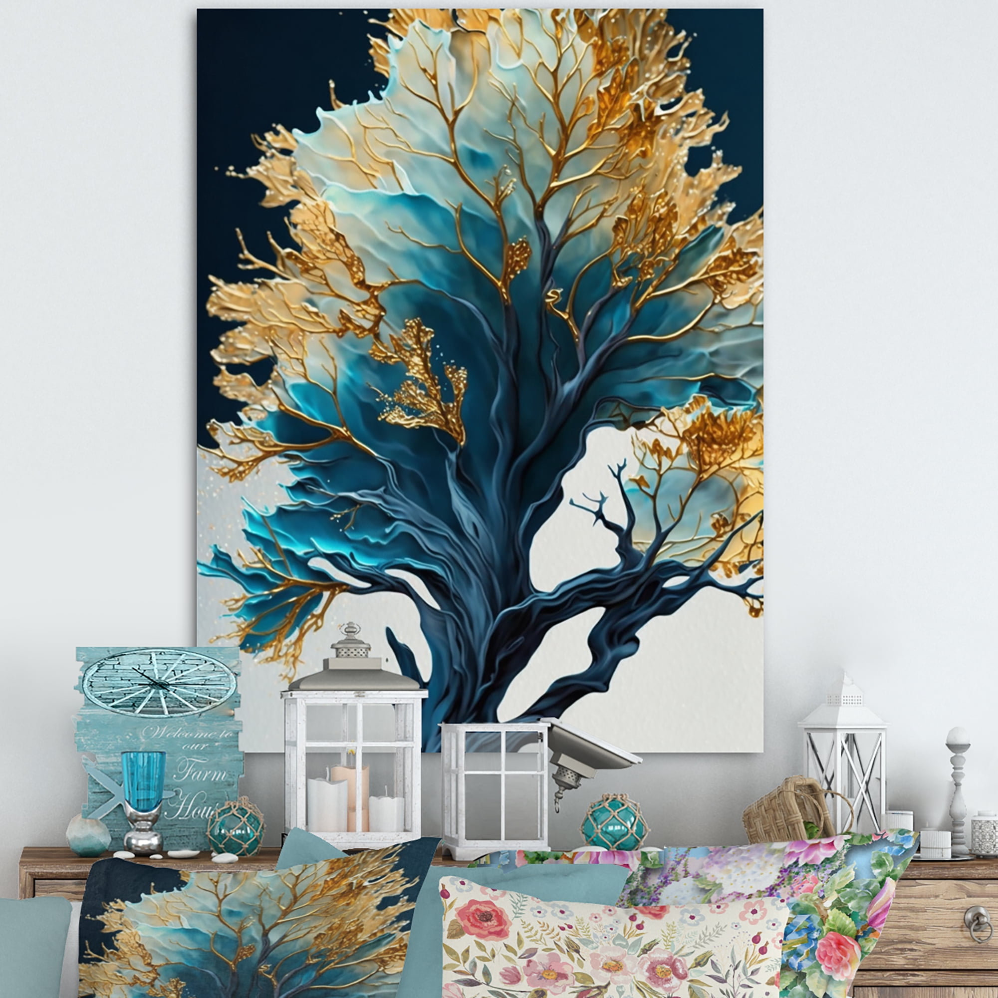 Designart Abstract Blue And Gold Leaves IV Canvas Wall Art