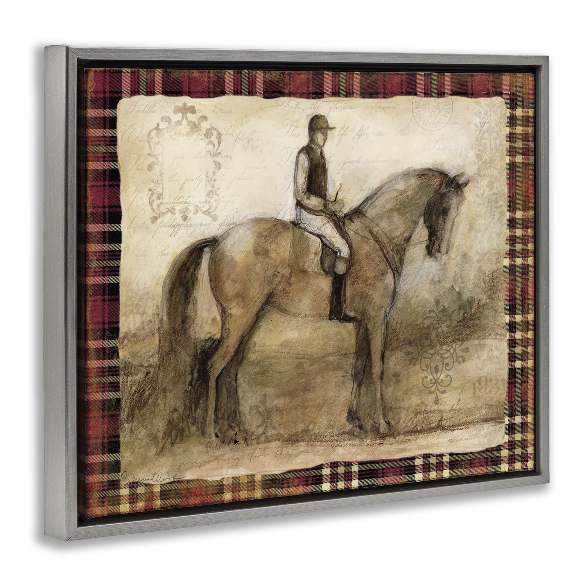 Stupell Industries Horse With Jockey & Plaid Gray Framed Floater Canvas Wall Art, design by Susan Winget