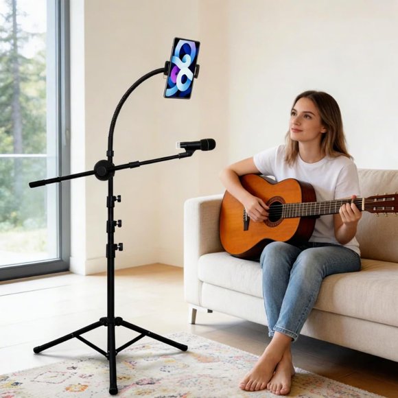K KASONIC Support de Microphone Professionnel, Support de Micro à Col de Cygne 6-en-1 avec Support pour Tablette/téléphone, Bras Perche Trépied pour Plancher, Hauteur Réglable