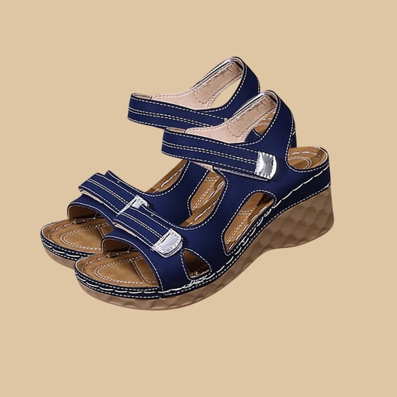 CQONEPT Orthopedic Wedge Sandals for Women with Arch Support Open Toe Low Heel Wedges Sandals with Ankle Strap Wide Width Vacation Shoes Navy 38
