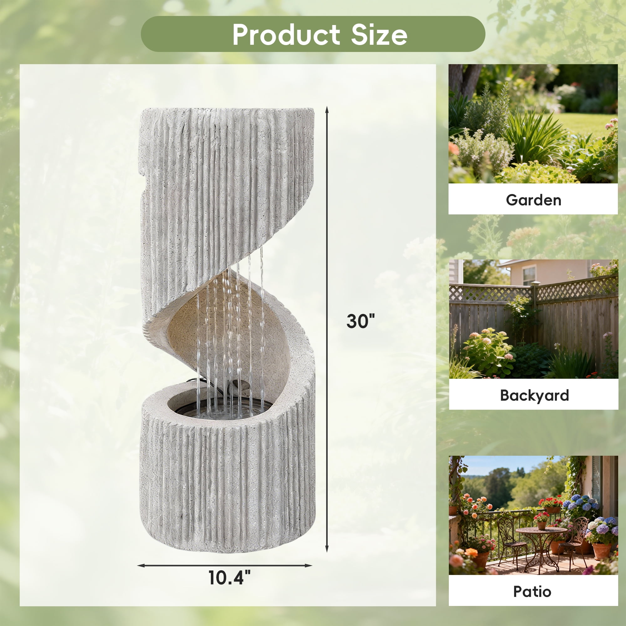 30" S-Shaped Outdoor Water Fountain, Freestanding Spiral Garden Fountain with LED Lights & Pump, Indoor/Outdoor Resin Waterfall Feature for Patio, Yard, Balcony or Home Decor