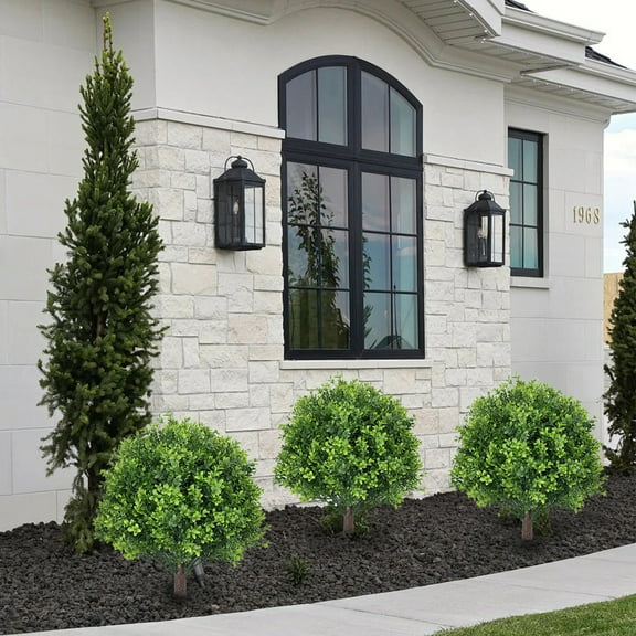 24" Artificial Boxwood Topiary Ball Bush for Outdoor with Spike, Set of 2 UV Resistant Faux Boxwood Ball Tree with Stake, Weatherproof Fake Round Topiary Shrub Plant for Front Porch Planter