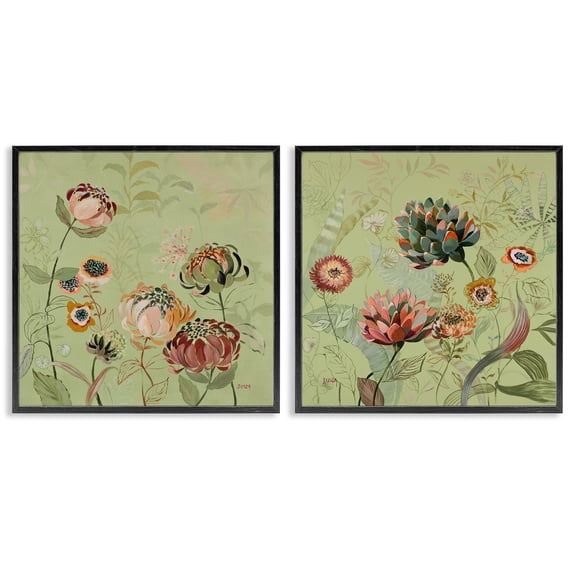 Stupell Industries Chrysanthemums on Olive Green Floral Painting Black Framed Art Print Wall Art, 12 x 12, Set of 2