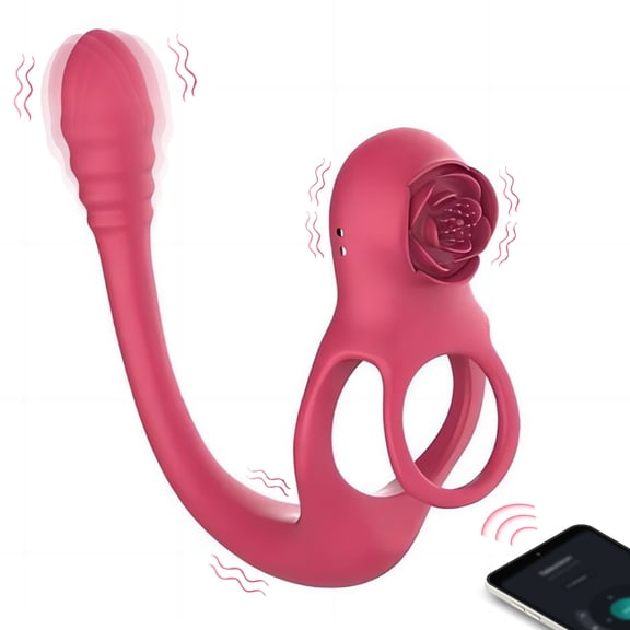 APP Remote Control Penis Ring Rose Sex Toys, 10 Vibration Modes Vibrating Penis Ring Clitoris Vibrator with Anal Plug,Adult Sex Toys for Coulpes-Red