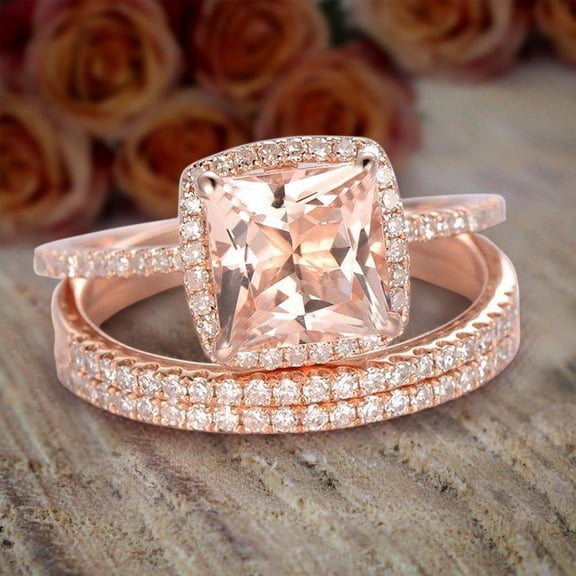 3 Carat 6 mm Princess Cut Morganite and Diamond Moissanite Trio Set, Engagement Ring and 2 Matching Wedding bands, with 18k Gold Plating