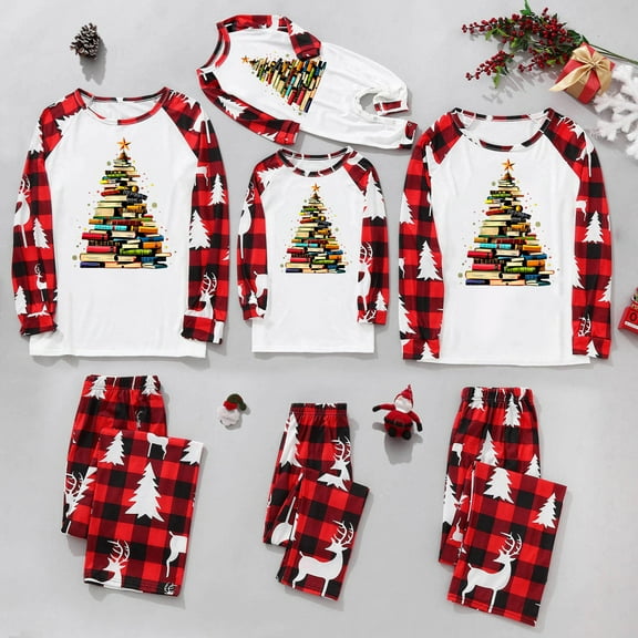 Xdegoge Family Matching Pajamas 2025 Christmas Pjs for Family Merry Xmas Tree Printed Sleepwear Long Sleeve Patchwork Shirts Plaid Pants Loose Funny Holiday Matching Sets