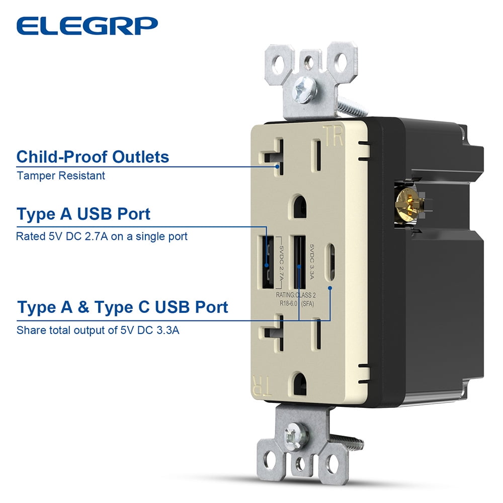 USB Outlets Receptacles, 3 Port USB C Wall Outlet, 30W 6.0A USB Electrical Outlet, 15 Amp Tamper Resistant Outlet with USB C Ports, UL Listed, Wall Plate Included