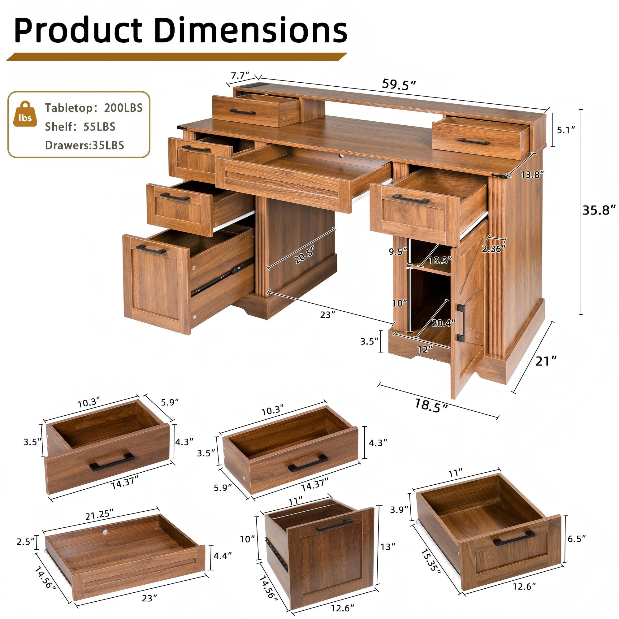 Mintazer 59" Farmhouse Office Desk with Charging Station & Storage Drawers, Computer Writing Desk with Monitor Stand & Keyboard Tray and File Cabinet for Study Living Room Home Office, Walnut
