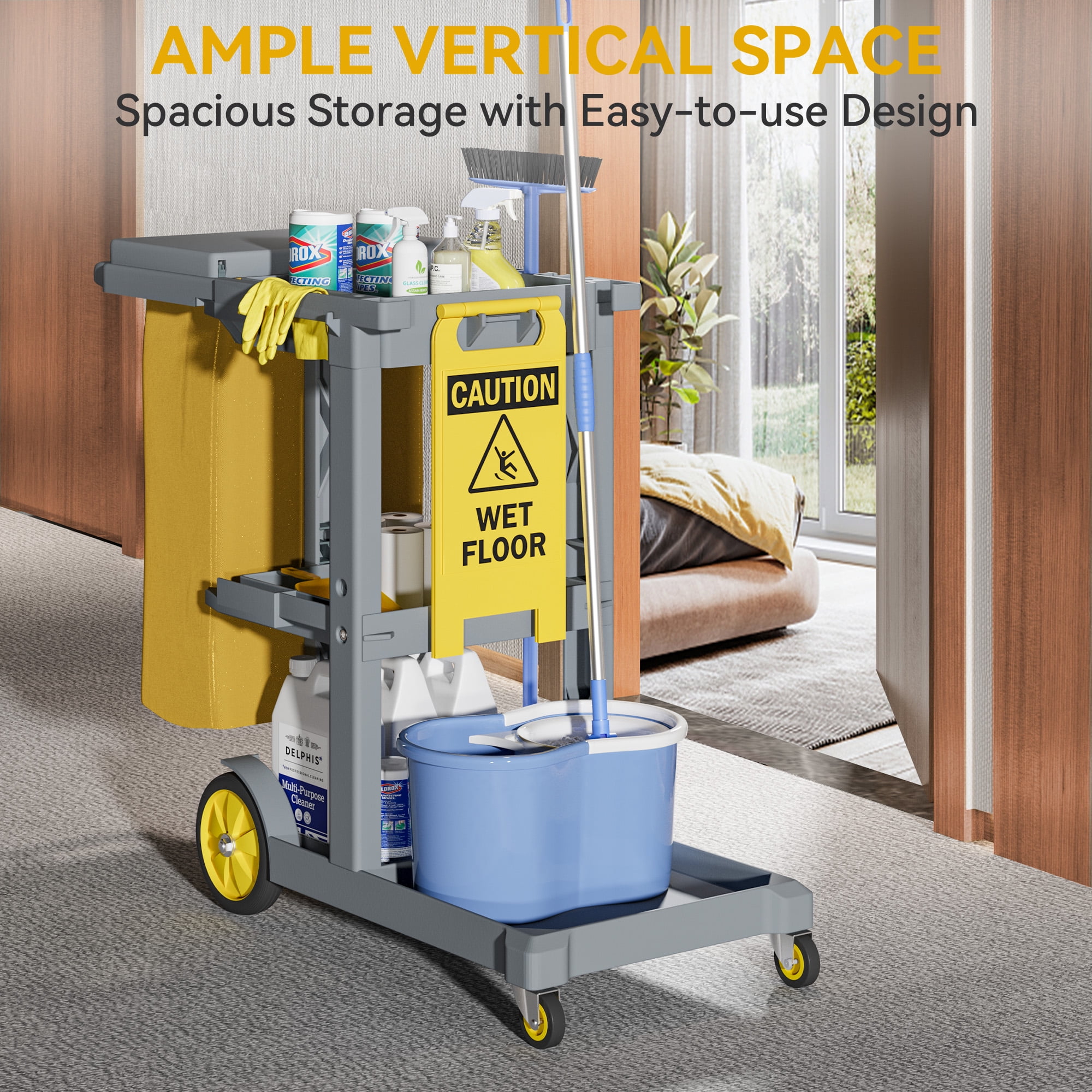 Dextrus Commercial Janitorial Trolley Cleaning Cart with 25-Gallon Bag & Cover - Efficient Housekeeping, Gray