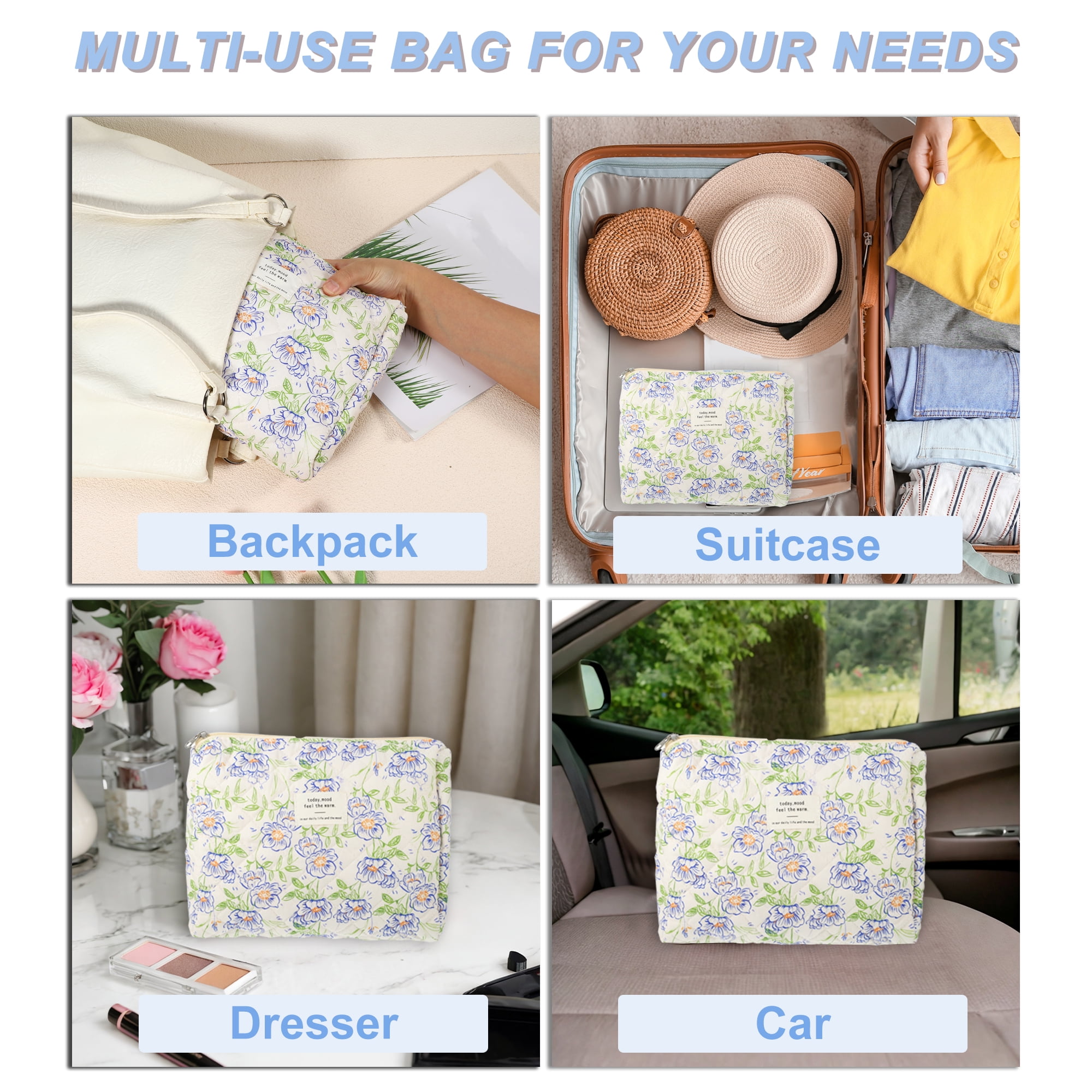 Unique Bargains 3Pcs Large Capacity Travel Cotton Quilted Toiletry Bag Blue, Beige