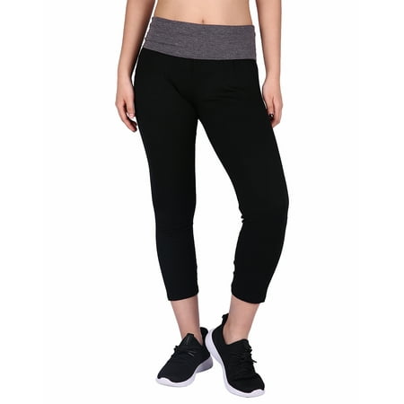 HDE Women's Yoga Capri Pants Color Block Fold Over Waist Workout Leggings (Black w/Charcoal, (Best High Waisted Yoga Leggings)