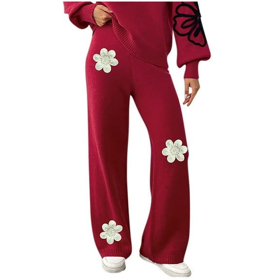 Perfectbot Womens Barrel Knit Pants High Waist Floral Embroidered Wide Leg Trouser Casual Loose Fashion Pants
