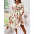 thumbnail image 5 of Floral Print Women's Spring Summer Dress - V-Neck Wrap, Waist-Gathered Midi, Romantic Elegant Vacation Style, 5 of 6