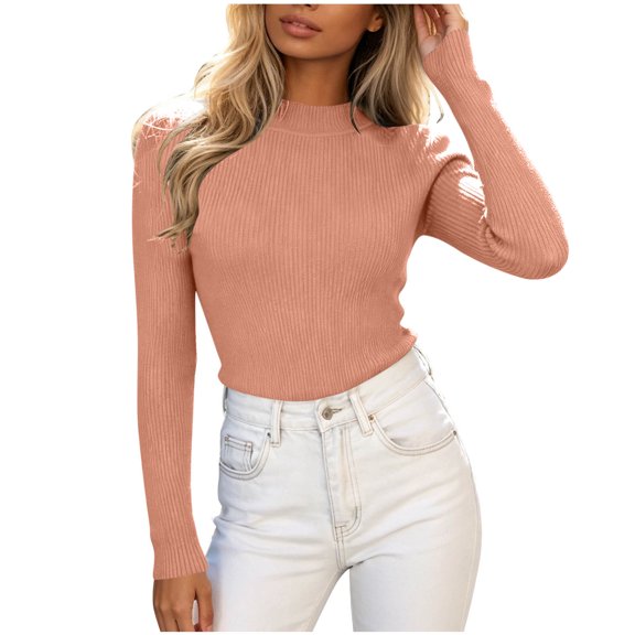 Oksale Stretchy Cotton Long Sleeve Tops for Women Slim Fit Comfortable Ribbed Tshirts Trendy Mock Neck 2026 Basic Tees Fall Clothes Pink Free Size