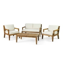 GDF Studio Camak Outdoor Acacia Wood 4 Seater Chat Set with Cushions, Teak and Beige