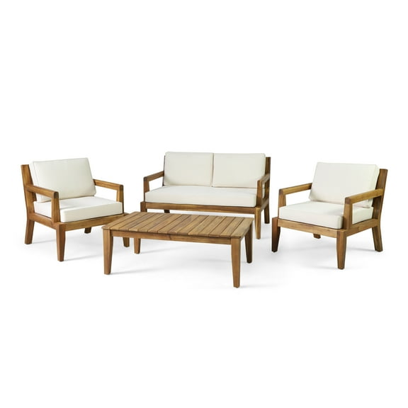 GDF Studio Camak Outdoor Acacia Wood 4 Seater Chat Set with Cushions, Teak and Beige