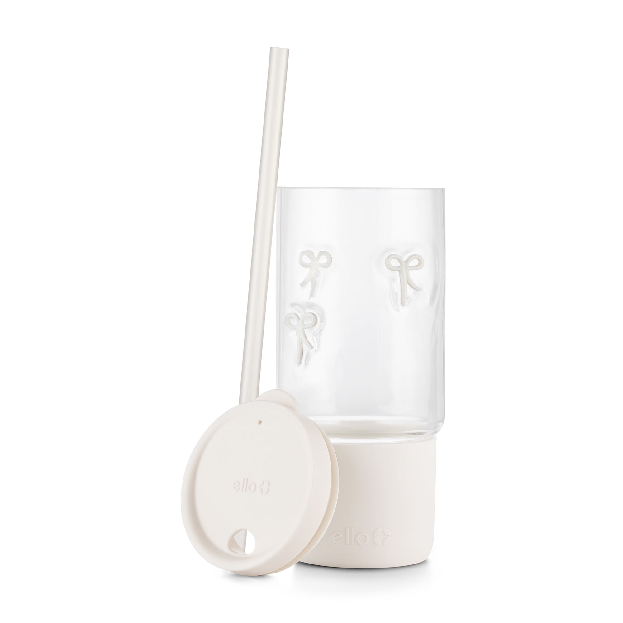 Ello Charmed 18oz Glass Tumbler with Lid and Straw | BPA Free, Dishwasher Safe | Ideal for Juice, Iced Coffee, & Tea | White Bows