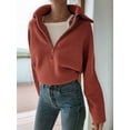 thumbnail image 6 of Womens Quarter Zip Pullover V Neck Collar Long Sleeve Ribbed Knit Loose Casual Winter Fall Sweater Copper Red L, 6 of 9