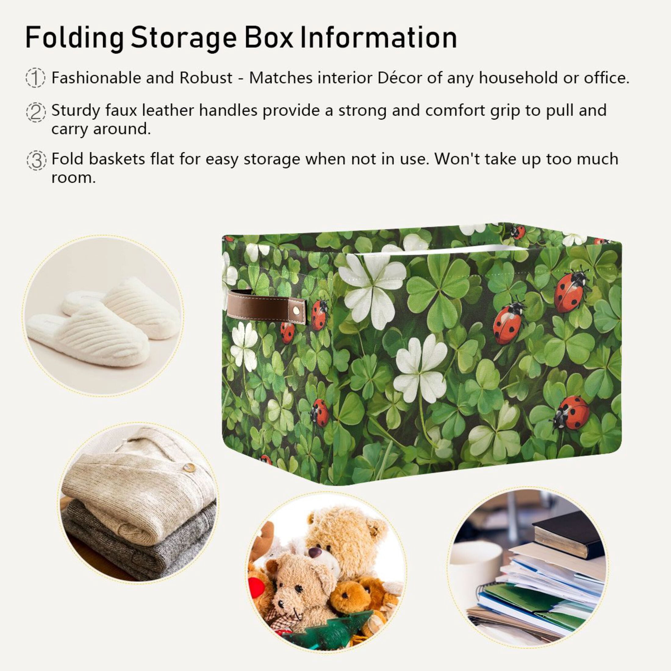 Ryvnso Ladybugs Clover Flowers Storage Basket Large Bin Foldable Boxes Toys Organizer 14.2x10.2x8.3in 2 PCs