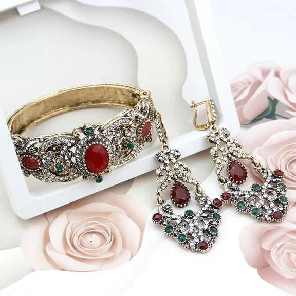 Gorgeous Ruby Red Multi Color Stone Crystal Openable Bangle Bracelet and Long Earrings Jewelry Set