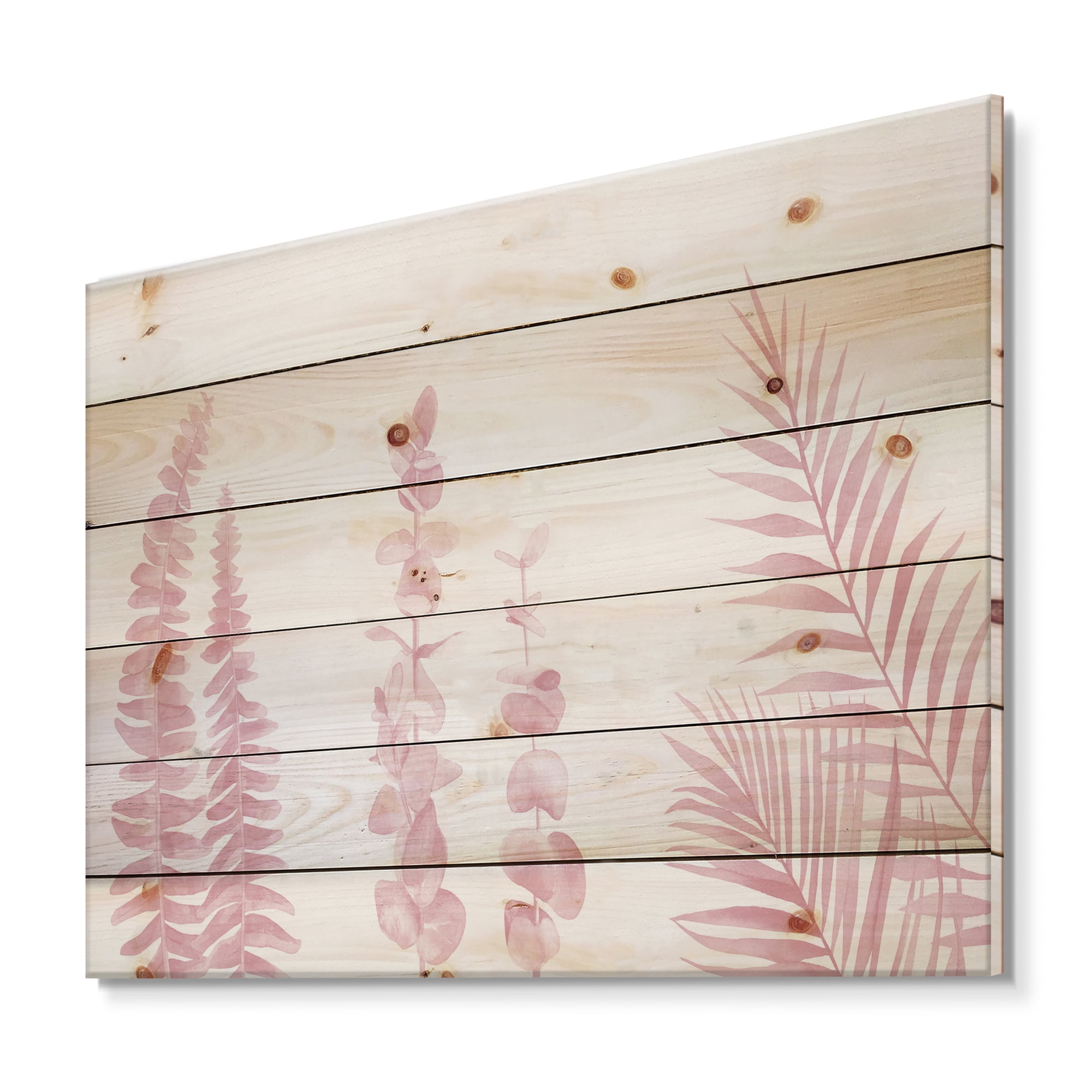 Designart 'Palm Branches and Blush Pinkeucalyptus' Shabby Chic Print on Natural Pine Wood