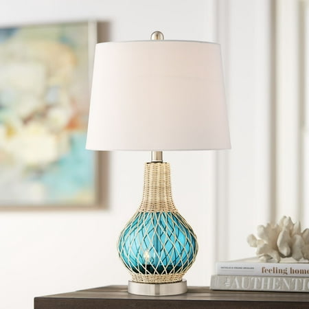 360 Lighting Coastal Accent Table Lamp with Nightlight LED Rope Blue Glass Gourd White Fabric Drum Shade for Living Room