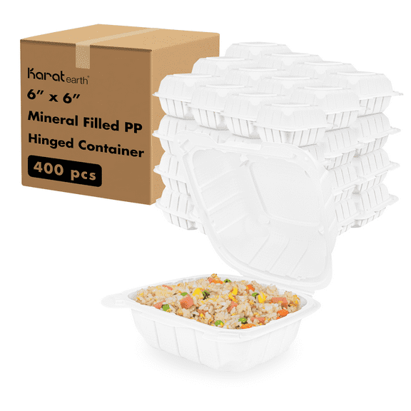 Karat Earth [400pcs - 6x6] Mineral Filled PP Hinged Container, 1 compartment - White