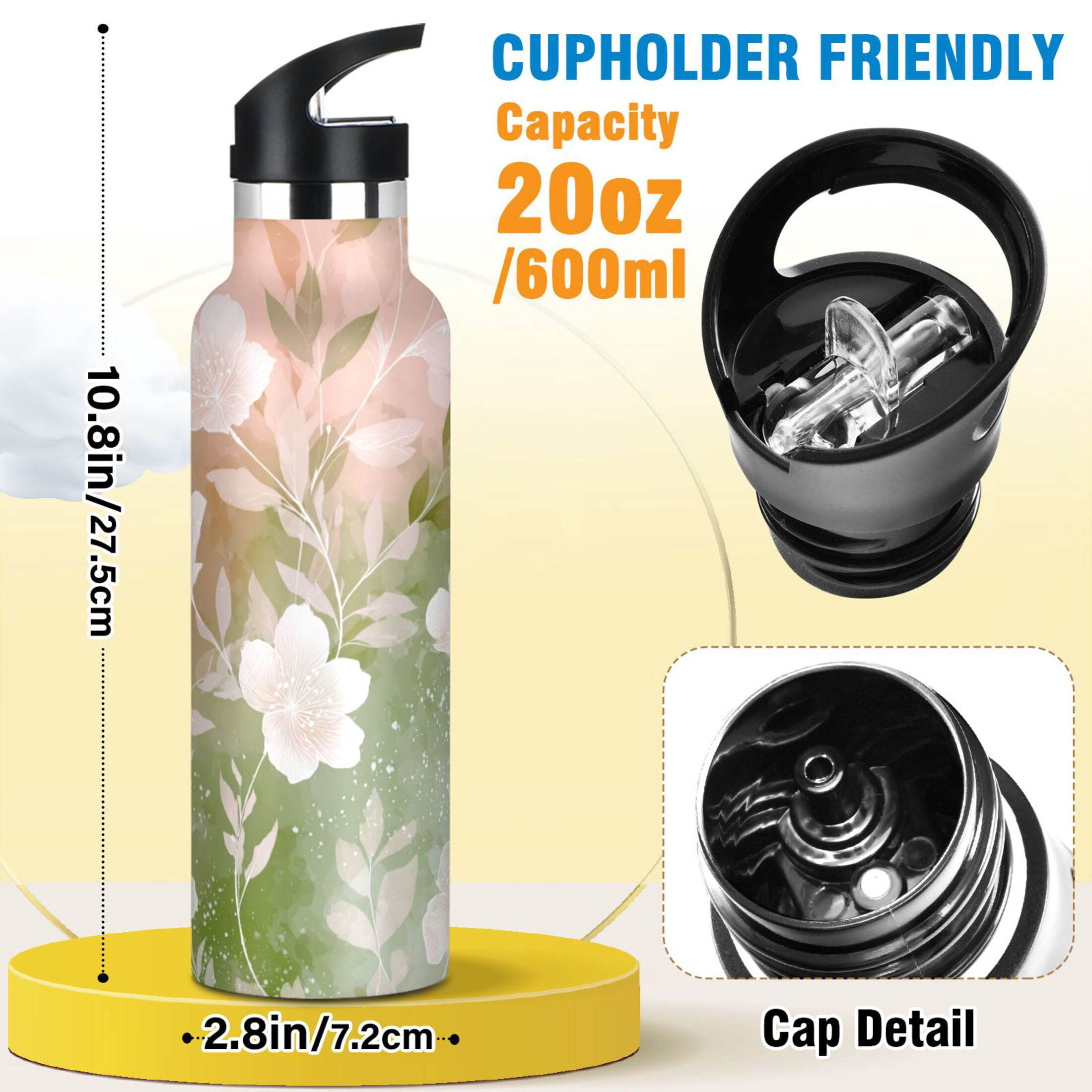 Kids Insulated Stainless Steel Sports Water Bottle 600ml (20oz) Gradient Elegant Floral