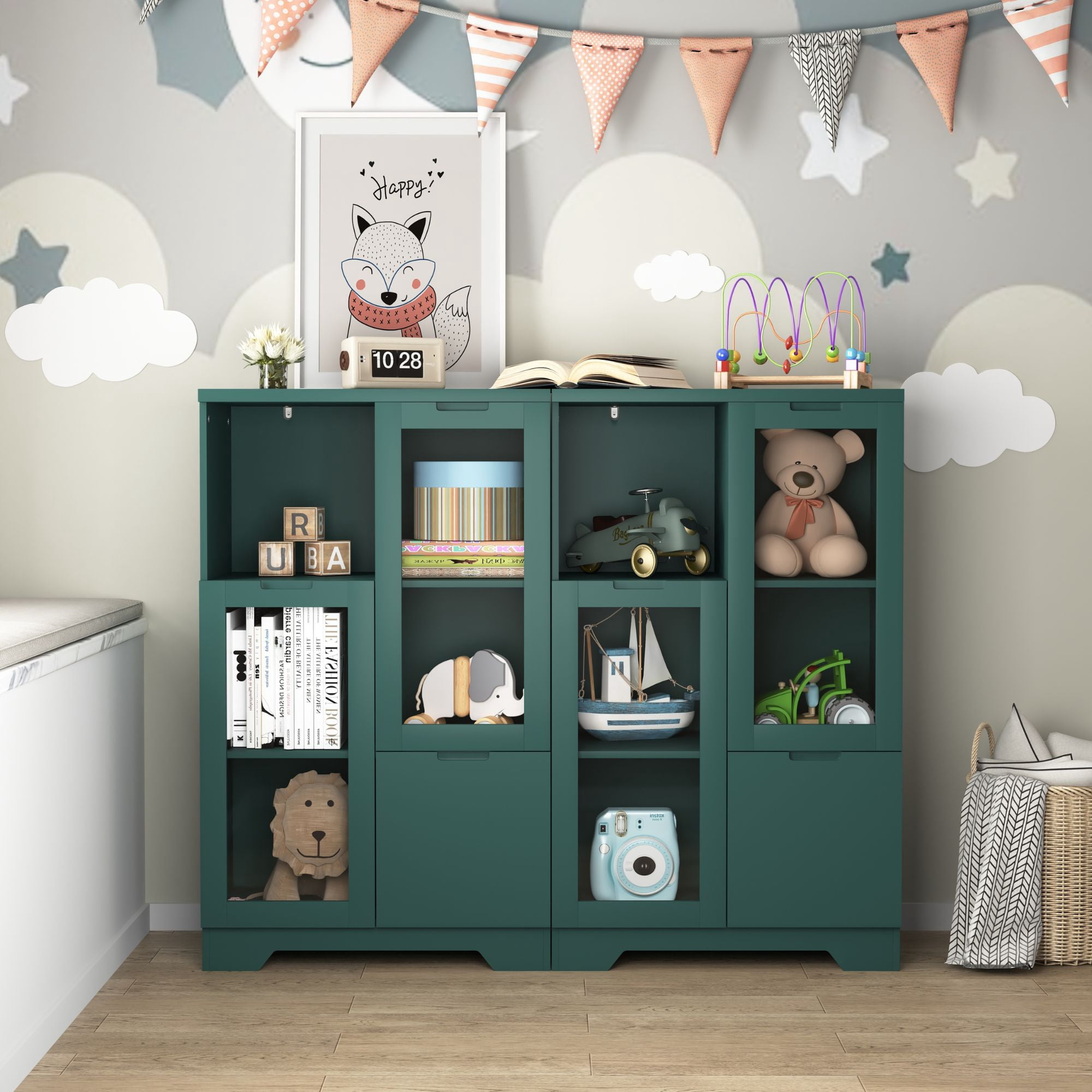 Noble House Storage Cabinet with Glass Doors and Drawer, Adjustable Shelves, Green