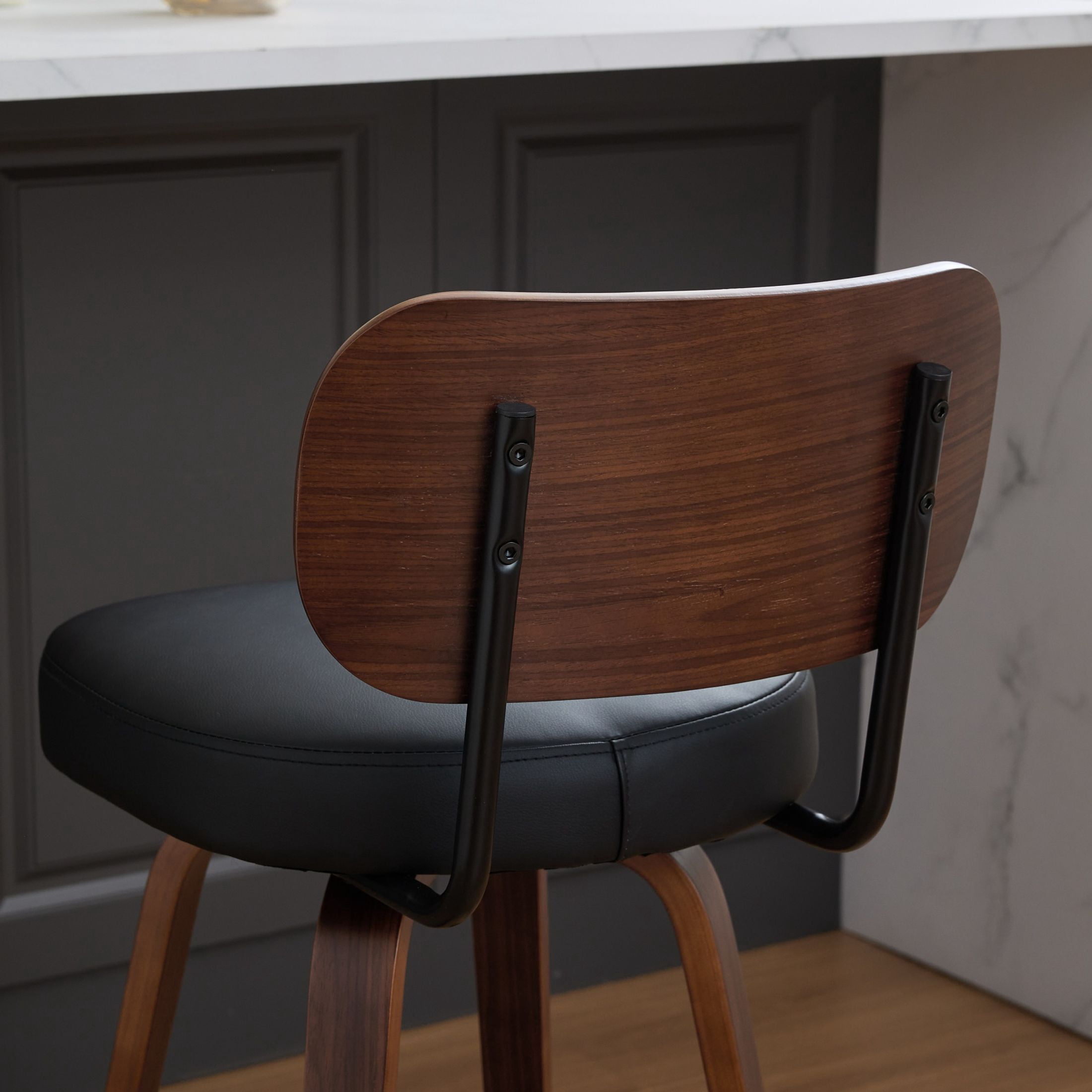 Noble House Set of 2 Swivel Bar Stools, Faux Leather Seat, Bentwood Frame, Walnut + Black