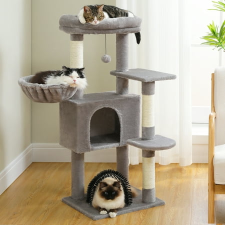 PAWZ Road Cat Tree 41.7" Medium Cat Tower Condo with Soft Perch Hammock Scratching Posts and Self-grooming Toy,Light Gray