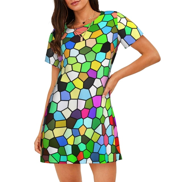 Easygdp Colorful Tie Dye Stained Glass Camisón de manga corta para mujer, informal, estampado