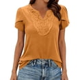 thumbnail image 6 of Enjoytime Women's Tops Solid Color Lace Patchwork V Neck Short Sleeve Blouses Summer Vacation Casual Shirts, 6 of 8