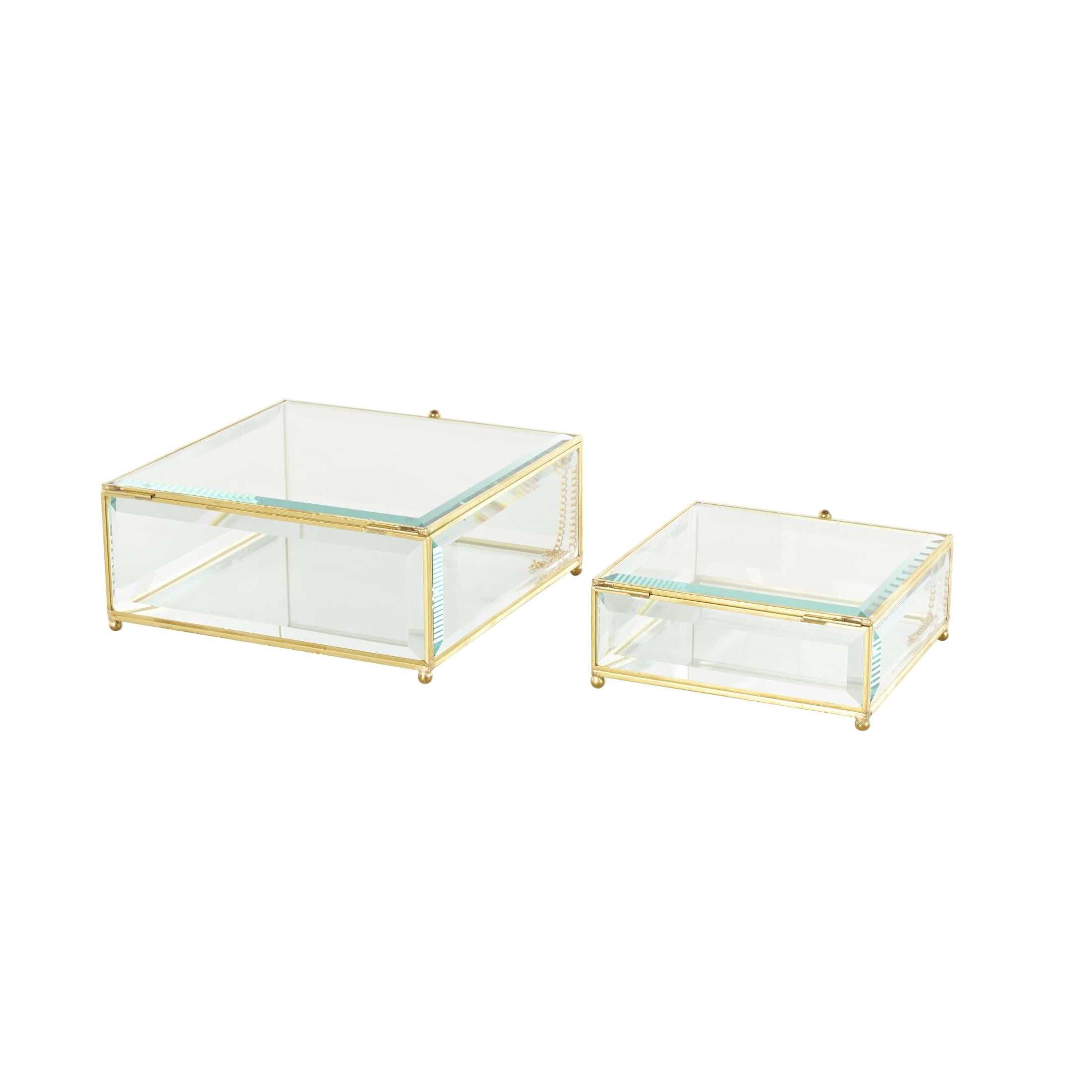 DecMode Beveled Clear Glass Decorative Jewelry Box with Gold Metal Frame and Chain Accent, Set of 2
