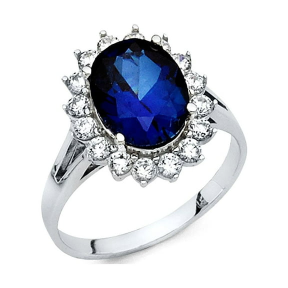 14k White Gold Oval Blue CZ Halo Engagement Ring Anniversary Solitaire Royal Blue CZ Halo Band Size 7