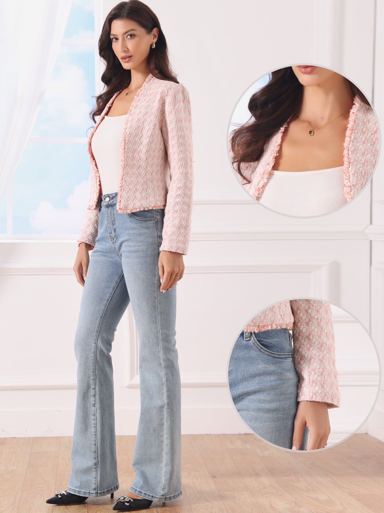 DARING DIVA Women's Plaid Tweed Long Sleeve Open Front Work Office Jacket M Pink