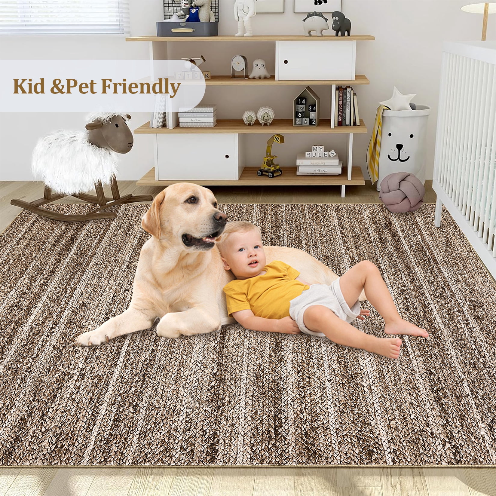 FairOnly 8'x10' Brown Machine Washable Living Room Area Rugs Modern Braided Print Non Slip Rugs for Bedroom Home Office Rug Indoor Floor Carpet